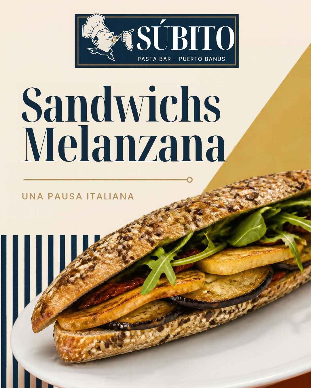 Panini prensado en caliente con berenjena grillada y pesto de albahaca.