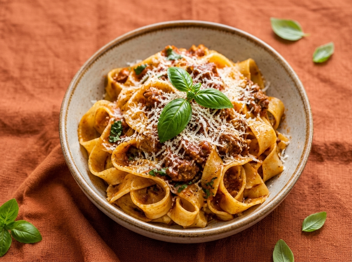 Pappardelle alla Bolognese — fotografía del plato emplatado
